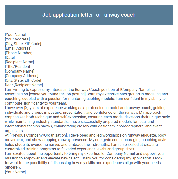 Job application letter for runway coach