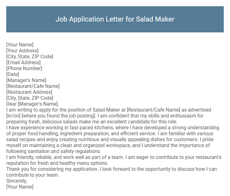 Job Application Letter for Salad Maker