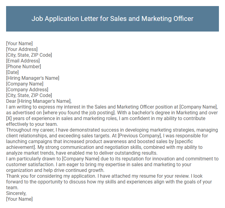 Job Application Letter for Sales and Marketing Officer