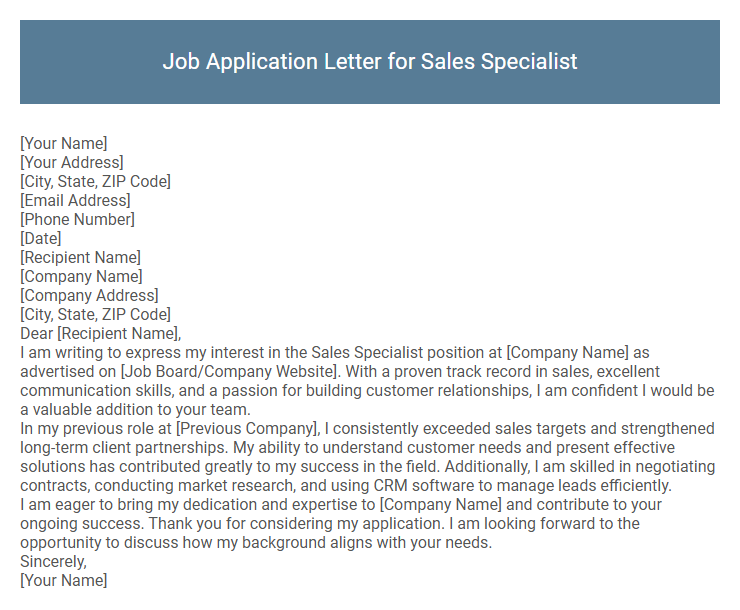 Job Application Letter for Sales Specialist
