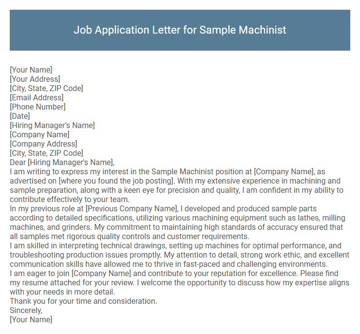 Job Application Letter for Sample Machinist