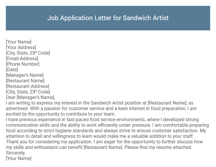 Job Application Letter for Sandwich Artist