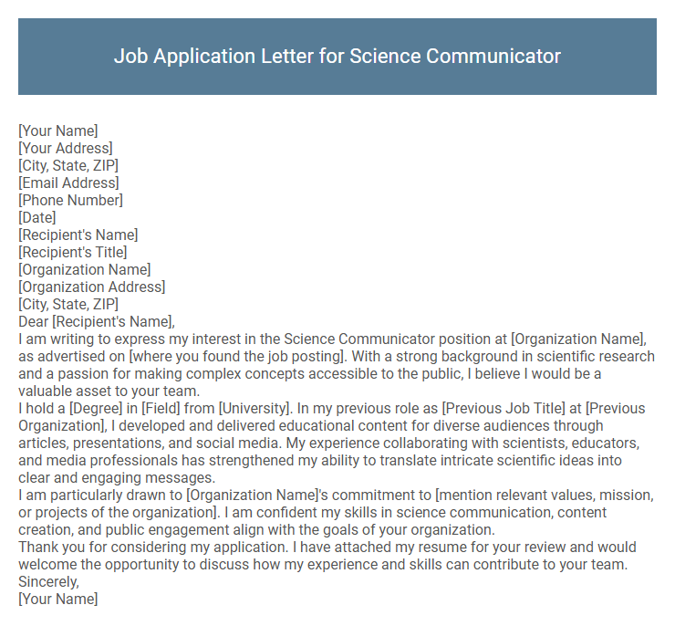 Job Application Letter for Science Communicator