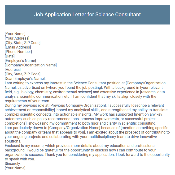 Job Application Letter for Science Consultant