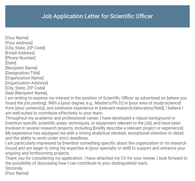 Job Application Letter for Scientific Officer