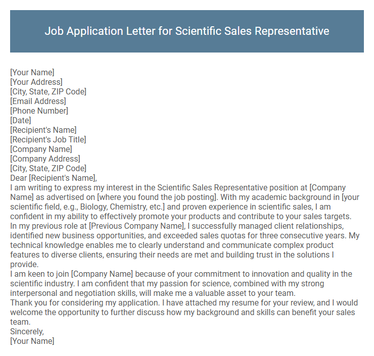 Job Application Letter for Scientific Sales Representative