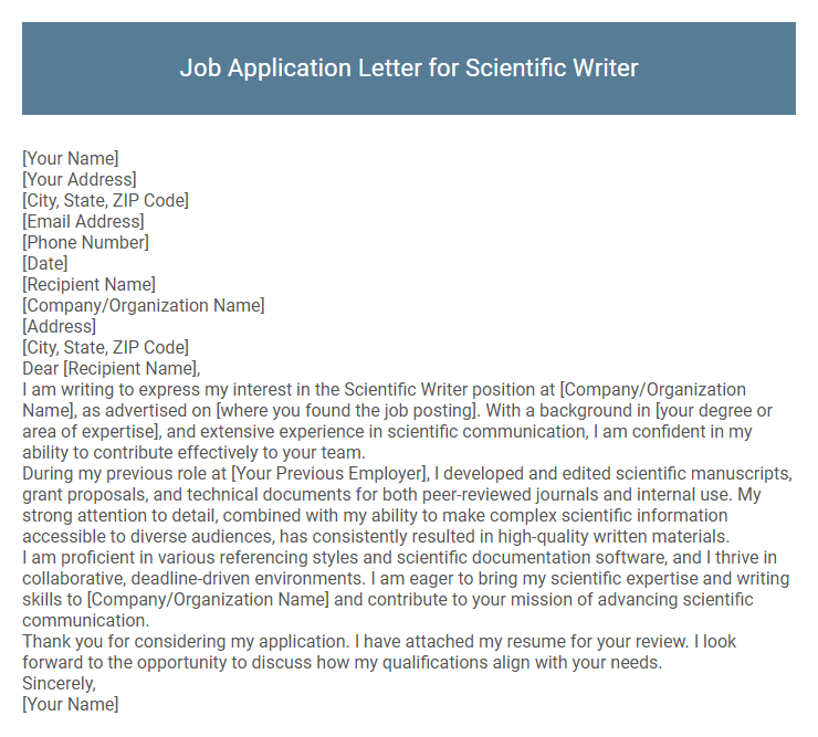 Job Application Letter for Scientific Writer