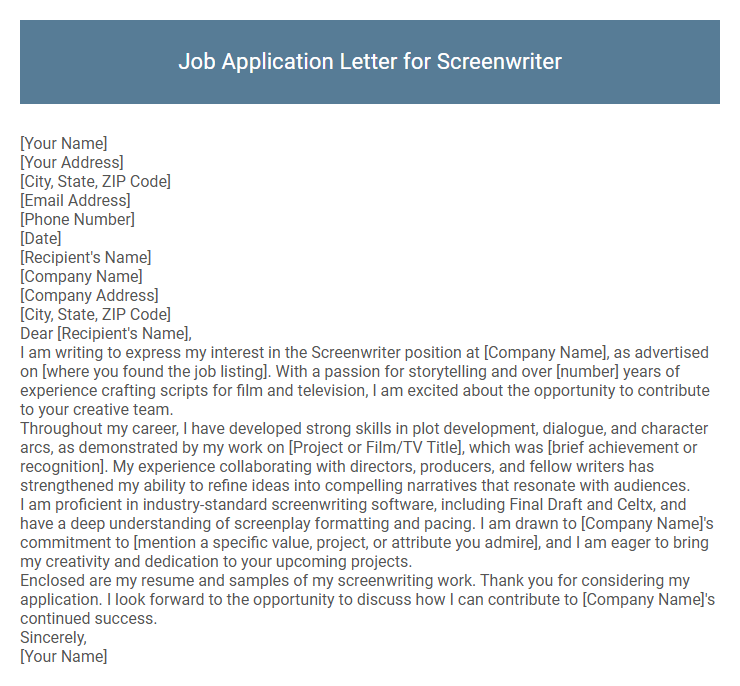 Job Application Letter for Screenwriter