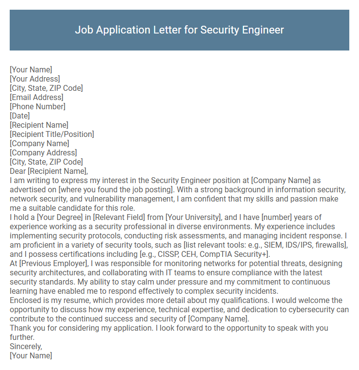 Job Application Letter for Security Engineer