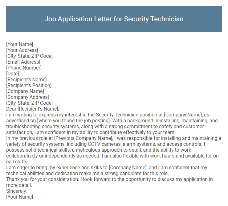Job Application Letter for Security Technician