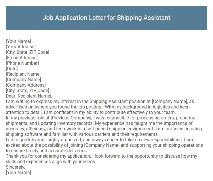Job Application Letter for Shipping Assistant