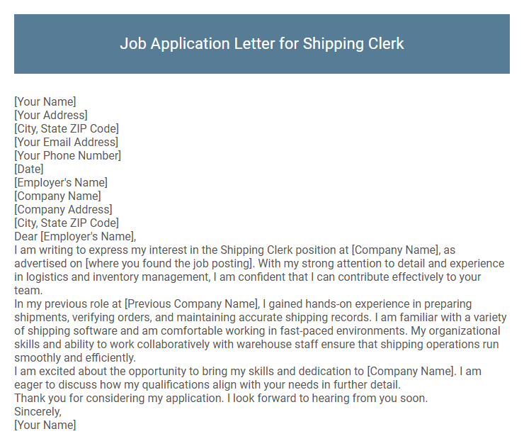 Job Application Letter for Shipping Clerk