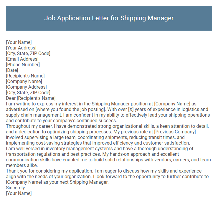 Job Application Letter for Shipping Manager