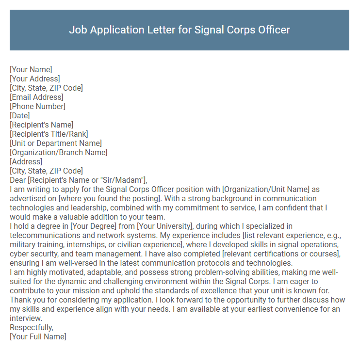 Job Application Letter for Signal Corps Officer