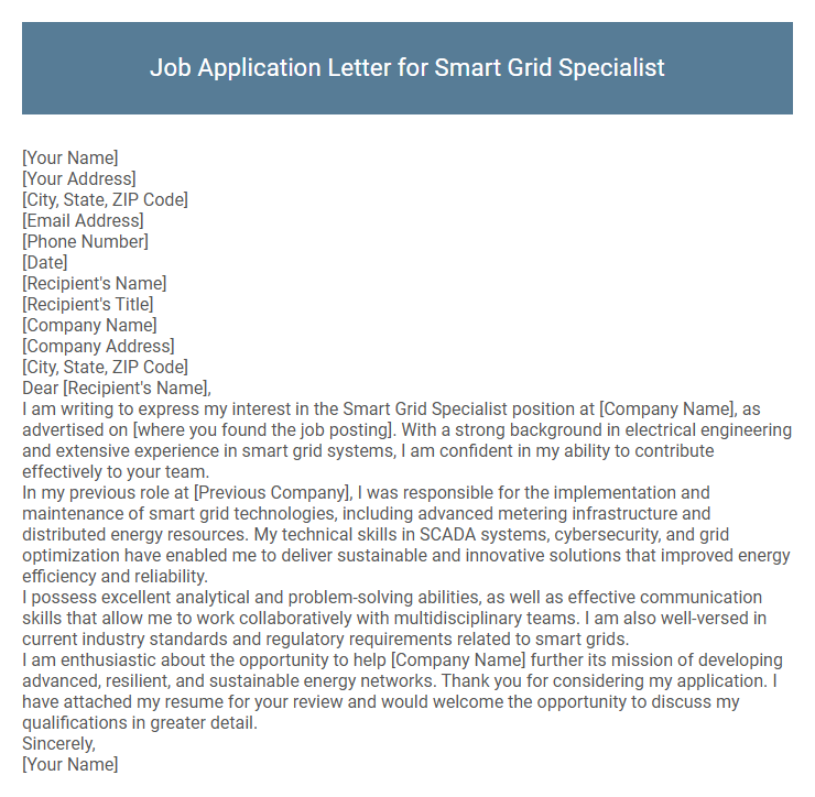 Job Application Letter for Smart Grid Specialist