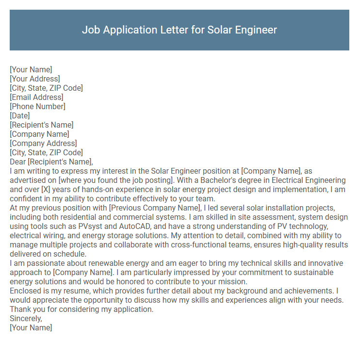 Job Application Letter for Solar Engineer