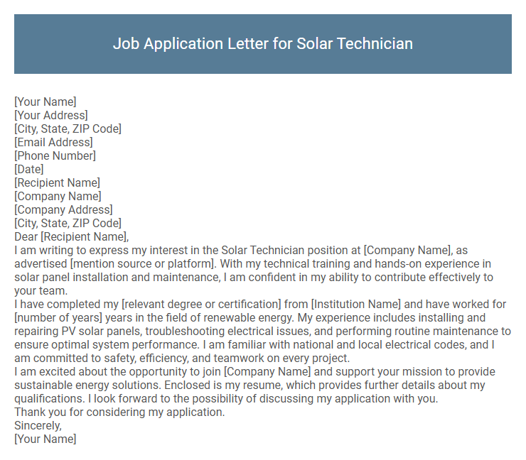 Job Application Letter for Solar Technician