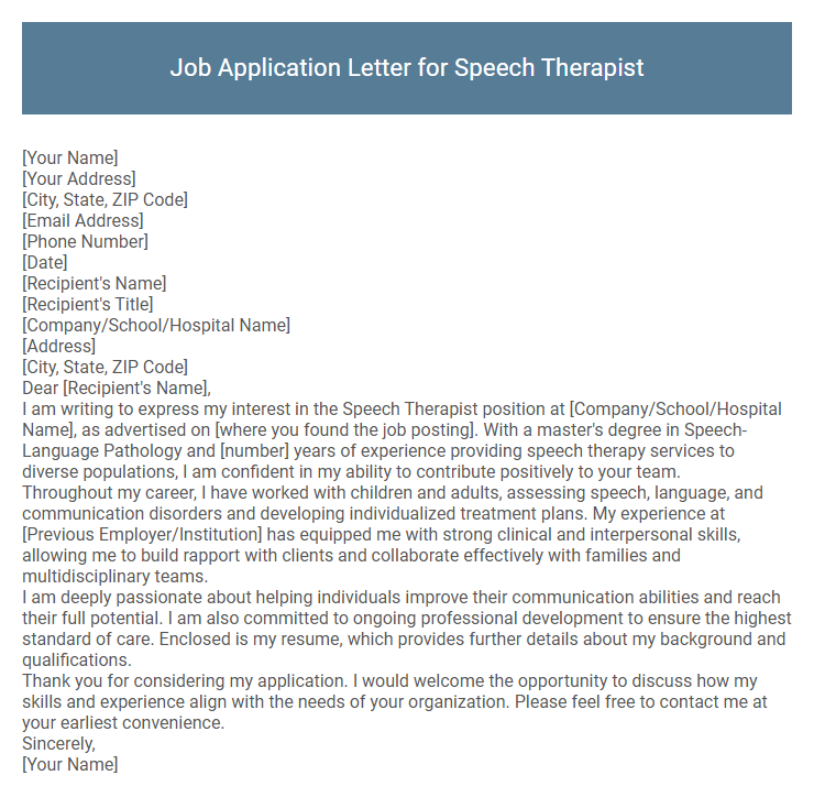 Job Application Letter for Speech Therapist