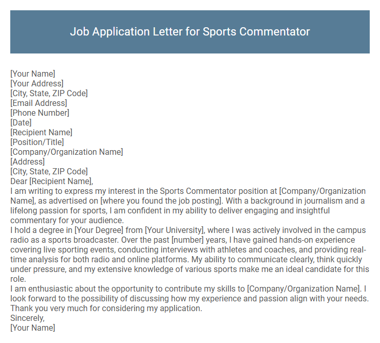 Job Application Letter for Sports Commentator
