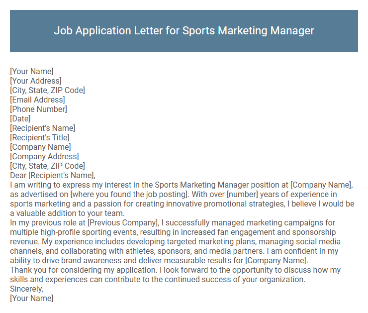 Job Application Letter for Sports Marketing Manager