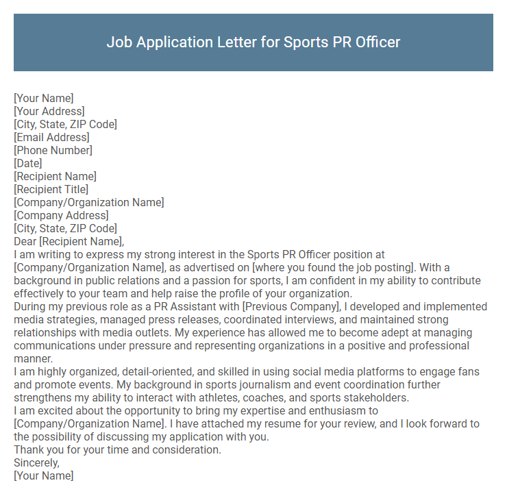Job Application Letter for Sports PR Officer