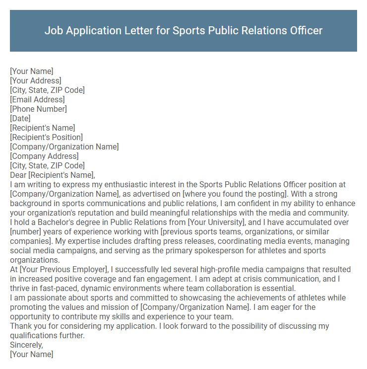 Job Application Letter for Sports Public Relations Officer