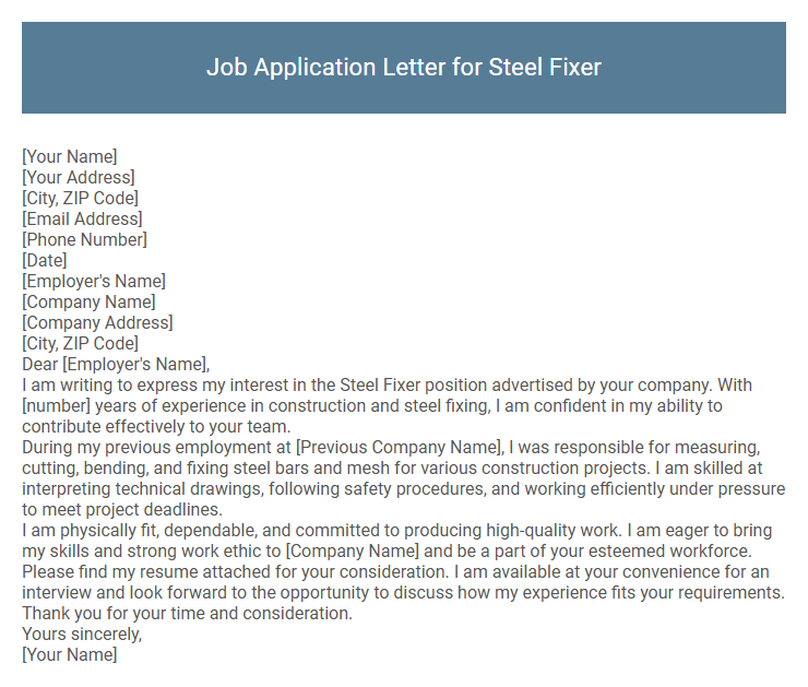 Job Application Letter for Steel Fixer