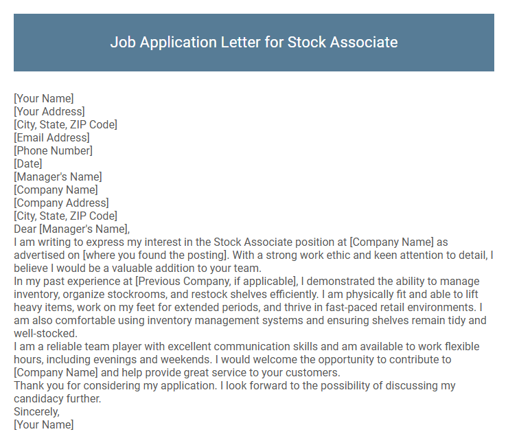 Job Application Letter for Stock Associate