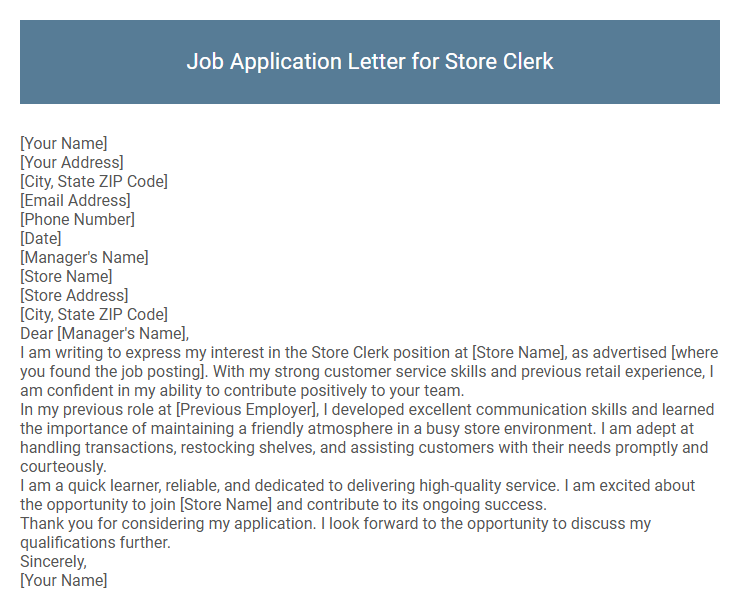 Job Application Letter for Store Clerk