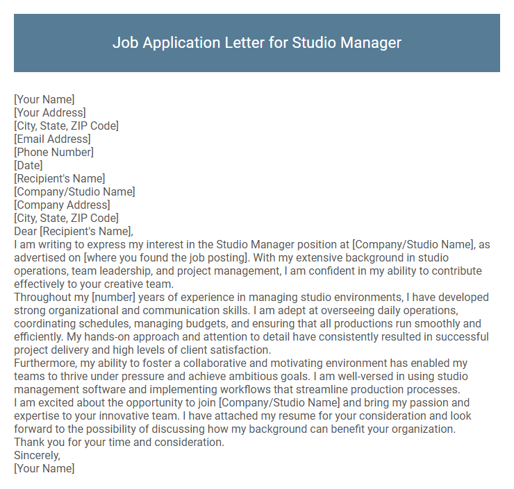 Job Application Letter for Studio Manager