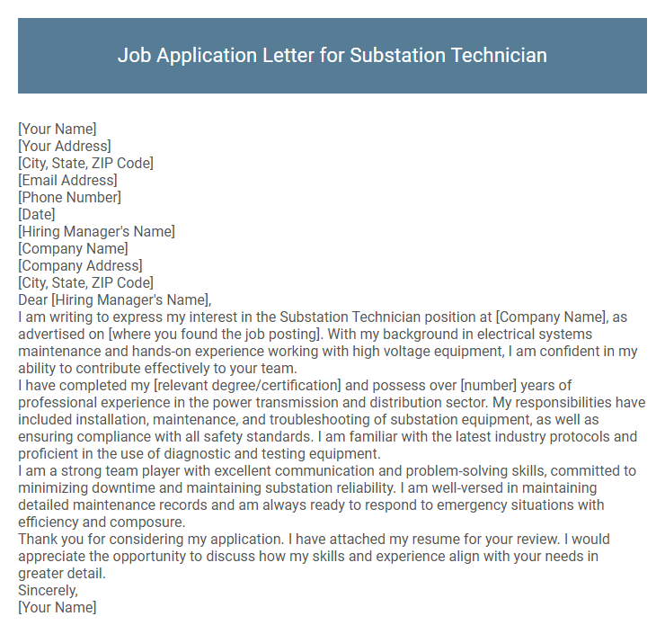 Job Application Letter for Substation Technician