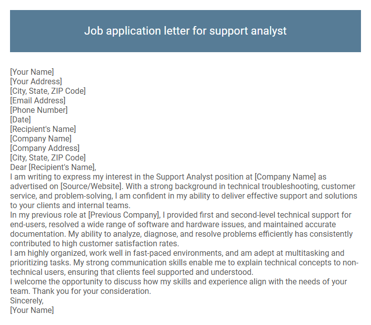 Job application letter for support analyst