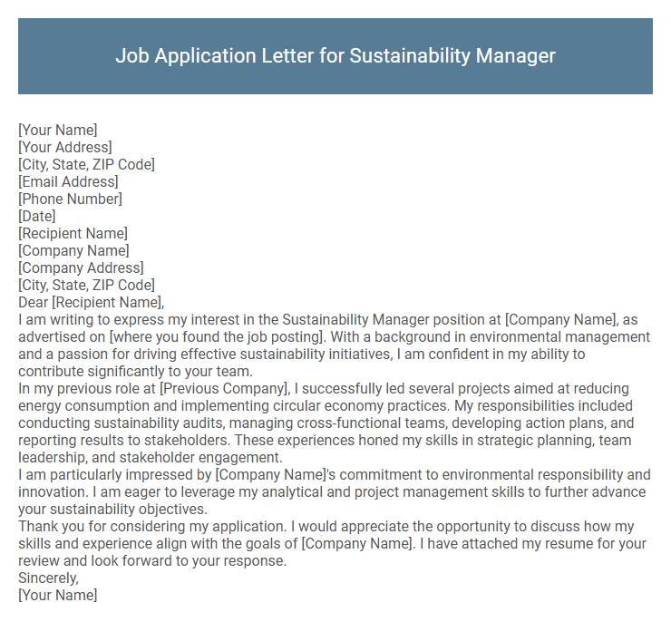 Job Application Letter for Sustainability Manager