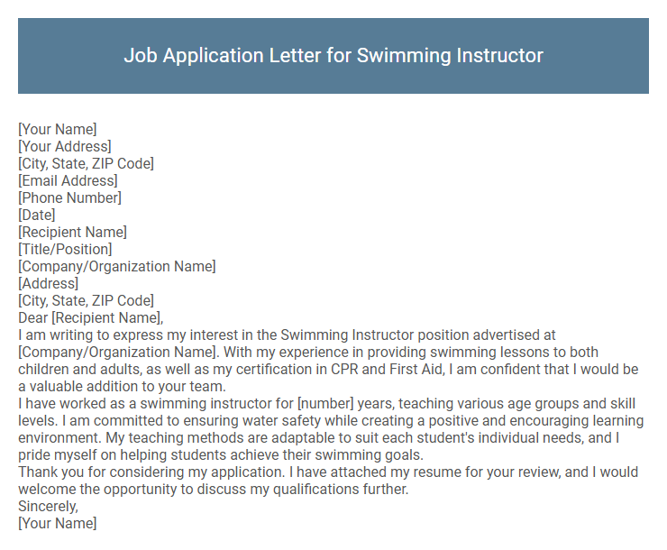 Job Application Letter for Swimming Instructor