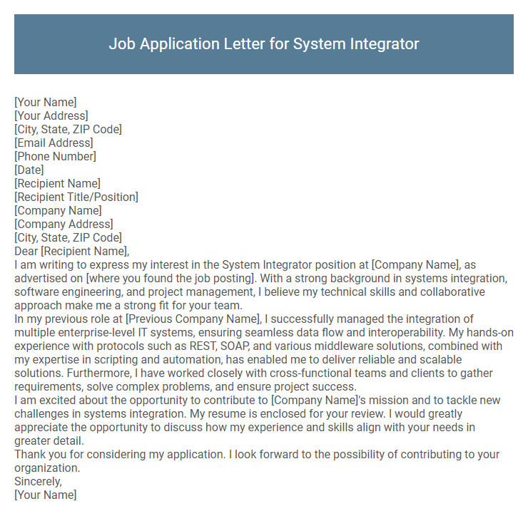 Job Application Letter for System Integrator