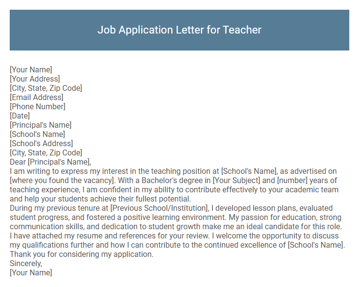 Job Application Letter for Teacher