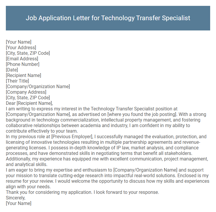 Job Application Letter for Technology Transfer Specialist