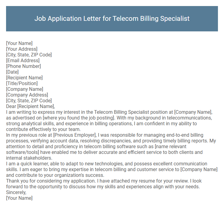 Job Application Letter for Telecom Billing Specialist