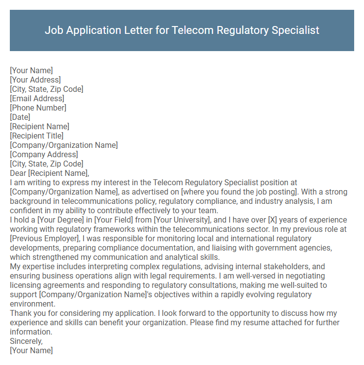 Job Application Letter for Telecom Regulatory Specialist