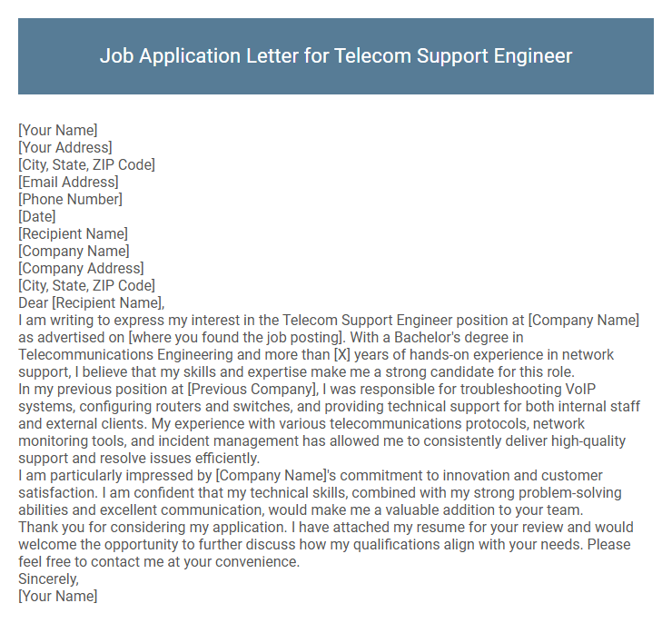 Job Application Letter for Telecom Support Engineer