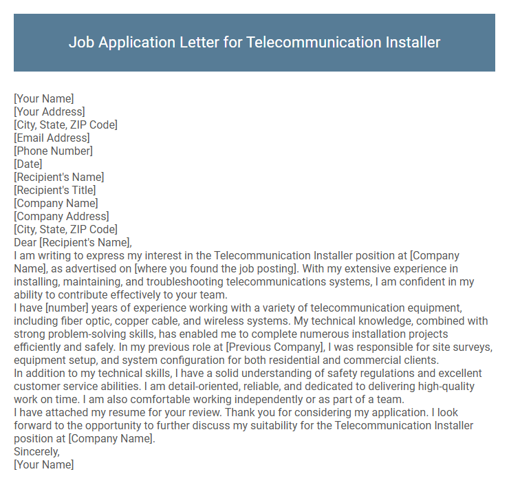 Job Application Letter for Telecommunication Installer