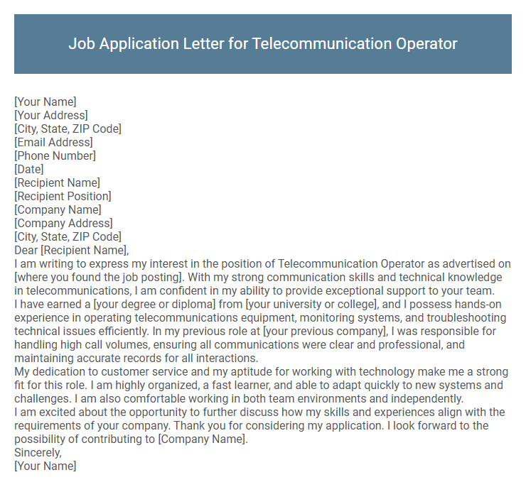 Job Application Letter for Telecommunication Operator