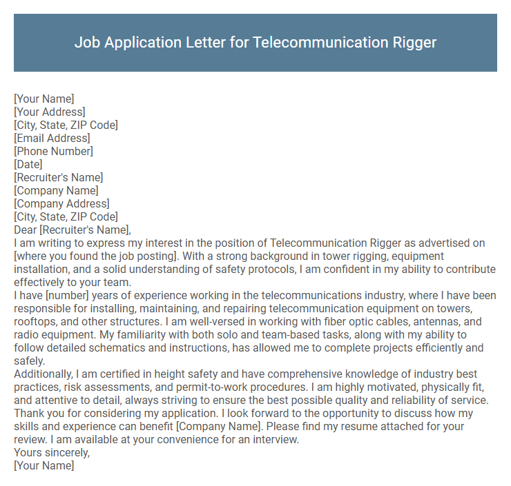 Job Application Letter for Telecommunication Rigger