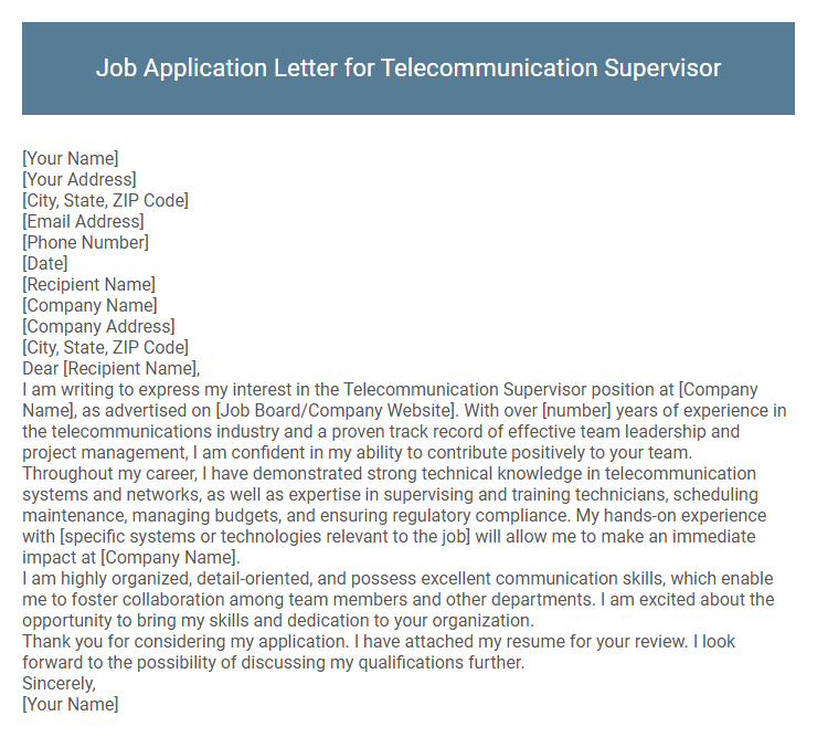 Job Application Letter for Telecommunication Supervisor
