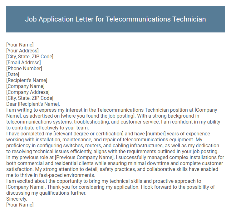 Job Application Letter for Telecommunications Technician