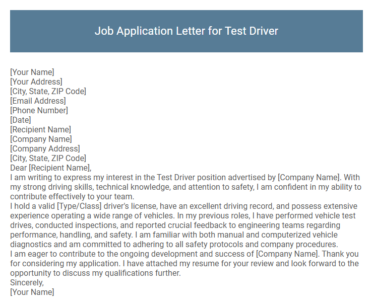 Job Application Letter for Test Driver