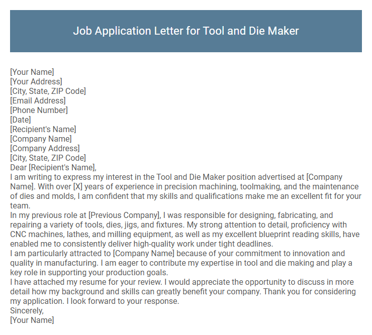 Job Application Letter for Tool and Die Maker