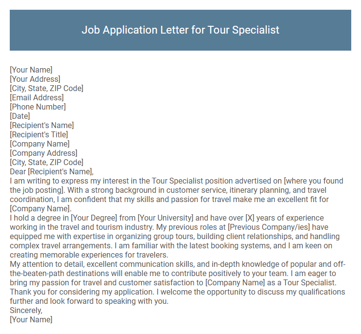 Job Application Letter for Tour Specialist