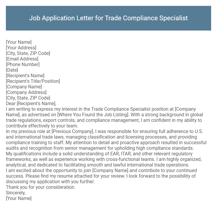 Job Application Letter for Trade Compliance Specialist