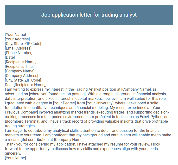 Job application letter for trading analyst